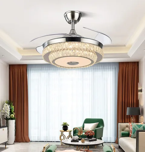 Vista 9 de Fandian Ventilador de techo de cristal moderno de 42 pulgadas con luces de control remoto, lámpara retráctil inteligente, lámpara Bluetooth