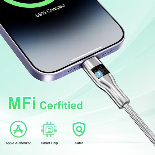 Vista 5 de Cable USB a Lightning de 6.6 pies a prueba de mordidos, cable de carga para iPhone a prueba de perros y gatos, cable de carga para iPhone plateado