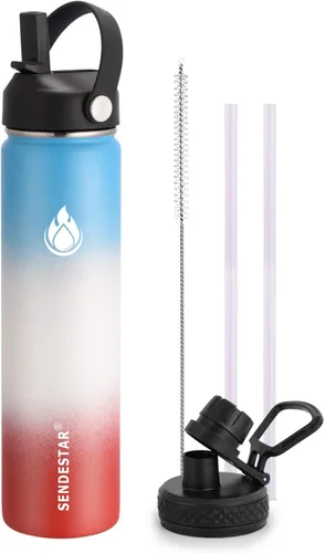 Vista 31 de SENDESTAR Botella de agua aislada de 24 onzas, boca ancha, botella de agua de 24 onzas con tapa con popote, tapa de boquilla, acero inoxidable