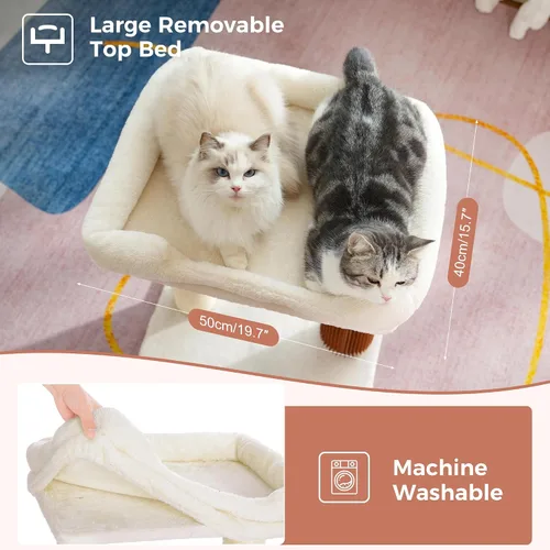 Vista 3 de Torre de árbol para gatos grandes, poste rascador para gatos con auto peluquero para gatos, cama superior de 20 x 15.7 pulgadas de ancho, poste Beige