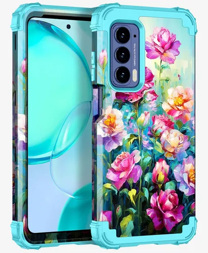 Vista 21 de LONTECT Funda para Moto Edge 2021, Moto Edge 5G UW, funda floral a prueba de golpes, 3 en 1, híbrida resistente, resistente, funda protectora