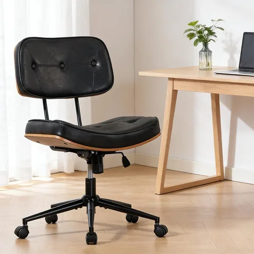 Vista 11 de Silla de oficina moderna sin brazos de nogal con ruedas, silla ejecutiva de cuero PU ajustable de giro amplio, silla de computadora ergonómica