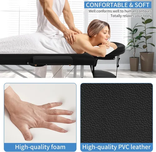 Vista 5 de Mesa de masaje, cama de masaje de 73 pulgadas, altura ajustable, 2 pliegues, de aluminio, de piel sintética, para belleza, spa, con funda