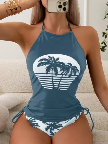 Vista 5 de Floerns Traje de baño de 2 piezas con cuello halter lateral y estampado tropical para mujer