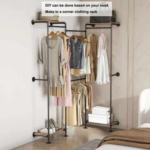 Vista 3 de KaKaBB Perchero industrial de tubería, perchero de pared para colgar ropa, perchero de esquina ajustable en forma de L con estantes, sistema de Negro