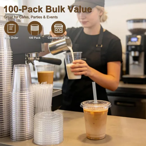 Vista 6 de Paquete de 100 vasos de plástico transparente de 16 onzas con tapas y pajitas, vasos desechables para café helado, a prueba de fugas, vasos de PET