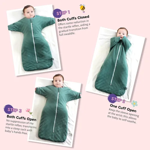 Vista 2 de PuppyPaws - Saco de dormir para bebé, 1.5 TOG, envolvente de transición con mangas largas con brazos hacia arriba y puños de manoplas, saco de Verde