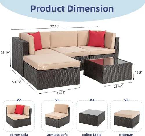 Vista 2 de Vongrasig 5 Piece Patio Furniture Sets, Outdoor Patio Set Sectional Sofa Beige