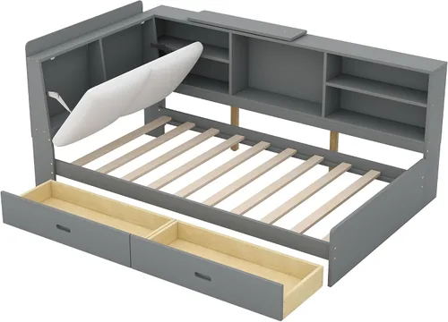 Vista 5 de Cama de plataforma de tamaño individual con cajones de almacenamiento, estantería y cabecera en forma de L, sofá cama de madera de pino con estantes