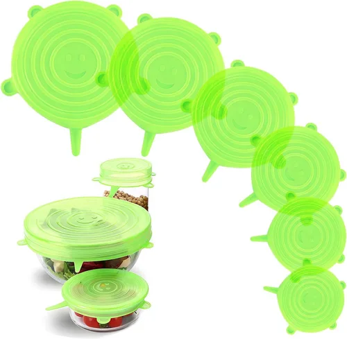 Vista 10 de Tapas elásticas de silicona, paquete de 6 fundas reutilizables para alimentos, silicona flexible para cuencos, recipientes, frutas, sello hermético