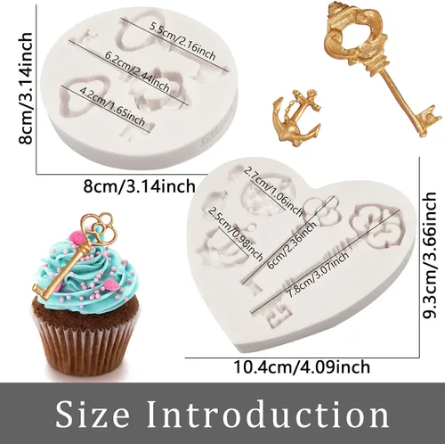 Vista 5 de Moldes de fondant para llaves de 2 piezas, molde de silicona para decoración de pastel de calavera de corazón para el día de San Valentín
