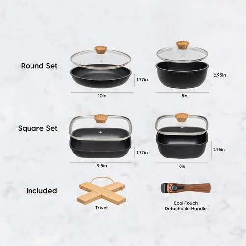 Vista 5 de IRIS USA Sartenes antiadherentes de aluminio fundido con asas extraíbles y salvamanteles de madera plegables, juego de utensilios de cocina de 6