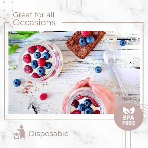 Vista 3 de Mini cucharas de postre – Paquete a granel de 100 cucharas desechables transparentes de plástico de 4 pulgadas para aperitivos – Aspecto real