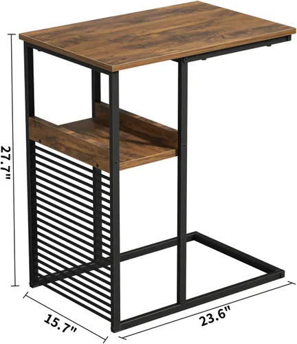 Vista 3 de Cubiker Mesa auxiliar para sofá, mesa auxiliar con estante de madera, mesa de sofá en forma de C para sala de estar, dormitorio, mesita de noche