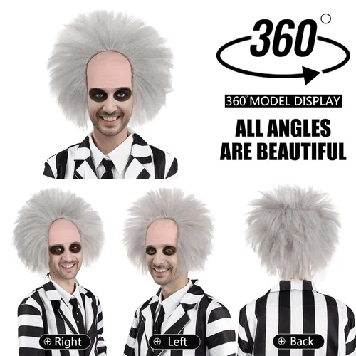 Vista 4 de MUPUL Betelgeuse Cosplay corto esponjoso ondulado payaso calvo peluca para fiesta de Halloween disfraz pelucas para adultos