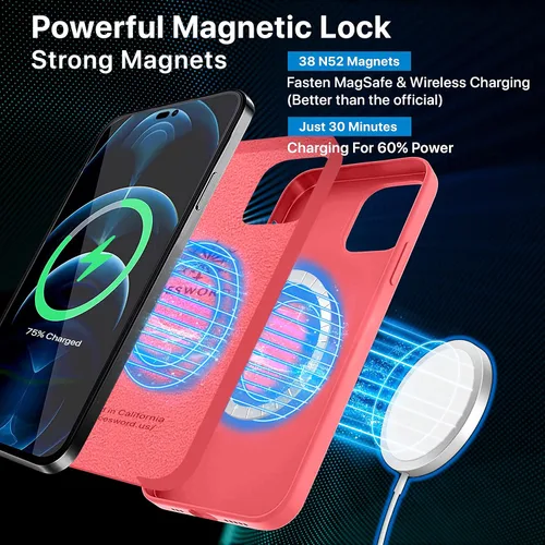 Vista 3 de IceSword Funda magnética para iPhone 14, funda de silicona Berry [carga rápida] imanes fuertes, forro de microfibra delgado, rosa intenso dulce