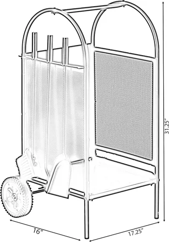 Vista 4 de Carrito de leña para patio interior y exterior, con ruedas y juego de herramientas para chimenea, color negro