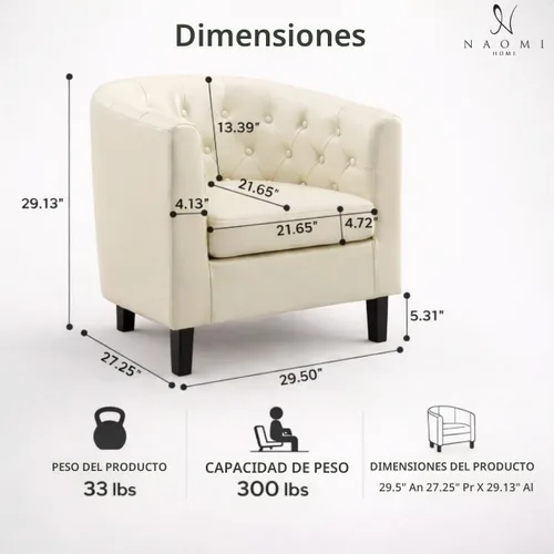 Vista 2 de Naomi Home Emma Faux Leather Tufted Barrel Accent Chair - Cream Solid wood frame, sturdy legs and easy-clean faux leather create lasting comfort for
