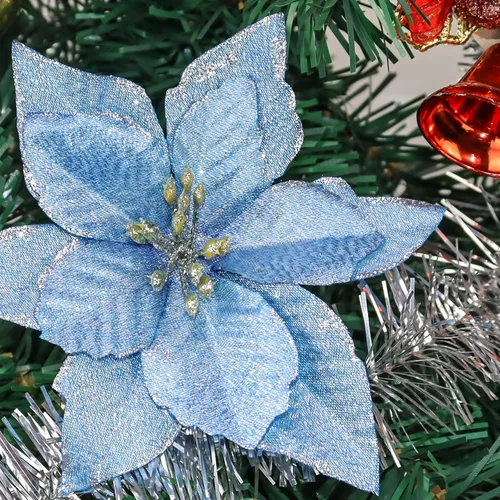 Vista 4 de Flores de purpurina de adorno para el árbol de Navidad, paquete de 12 Azul