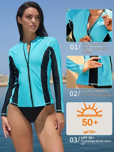 Vista 4 de ATTRACO Traje de baño de protección solar con cremallera frontal UPF 50+ para mujer Aguamarina