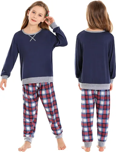 Vista 5 de SWOMOG Conjunto de pijama a juego para hombres, mujeres y niños, para familia, parejas, ropa de dormir de manga larga, pantalones a rayas a cuadros