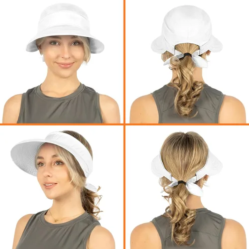 Vista 49 de SUN CUBE Sombrero de sol para mujer para protección UV al aire libre, sombrero de sol de ala ancha, cola de caballo, sombrero de playa convertible
