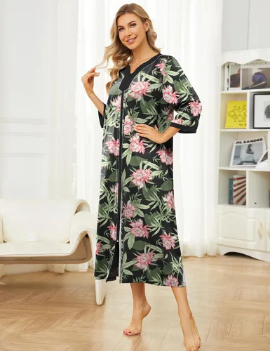 Vista 5 de Bloggerlove House Dresses for Womens Robe Long Zip Up House Coat Half Sleeve Night Gowns Comfy Sleepwear Print Loungewear