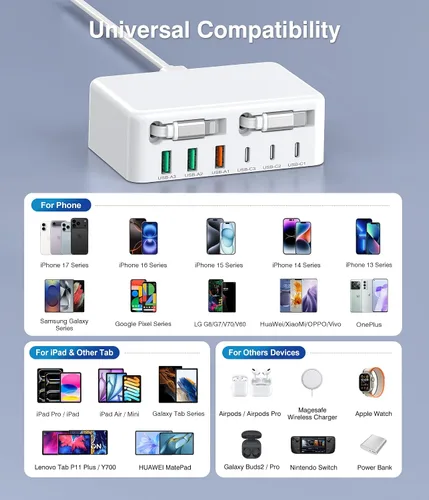 Vista 3 de Bloque de Carga USB C Retráctil 8-en-1 Mejorado, Hub de Estación de Carga Múltiple GaN de 120W con Cable Lightning y Tipo C, Enchufe de Tira