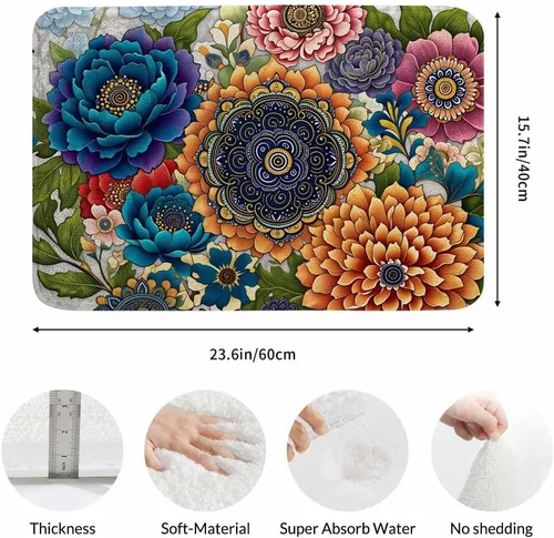 Vista 3 de Tapete de baño con flores abstractas para baño, diseño de peonía colorida, crisantemo, loto, magnífica, especial, tapete de baño, tapete de puerta