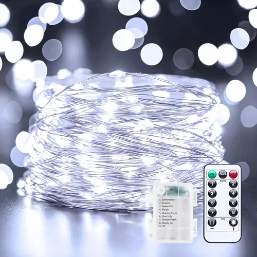 Vista 13 de Minetom - Luces de hadas a pilas con control remoto, 33 pies, 100 luces LED impermeables para interior y exterior, luz titilante estrellada