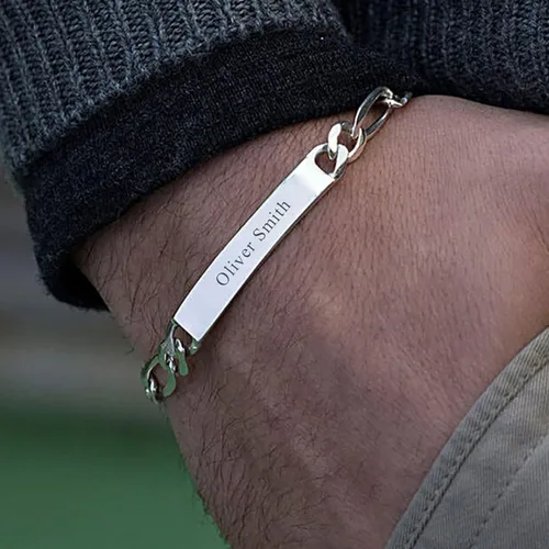 Vista 5 de LeCalla Personalized Customised Engraved Name Men's Figaro Chain ID Bracelet in 925 Sterling Silver Personalized Custom Birthday Christmas Fathers