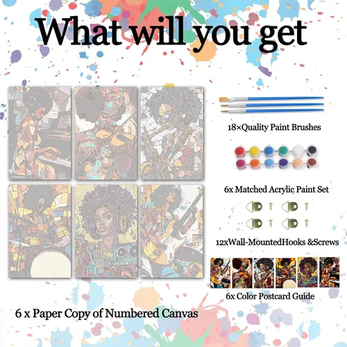 Vista 2 de Paquete de 6 pinturas por números para mujeres sudafricanas para adultos, principiantes, músicos negros, kits de pintura al óleo sobre lienzo