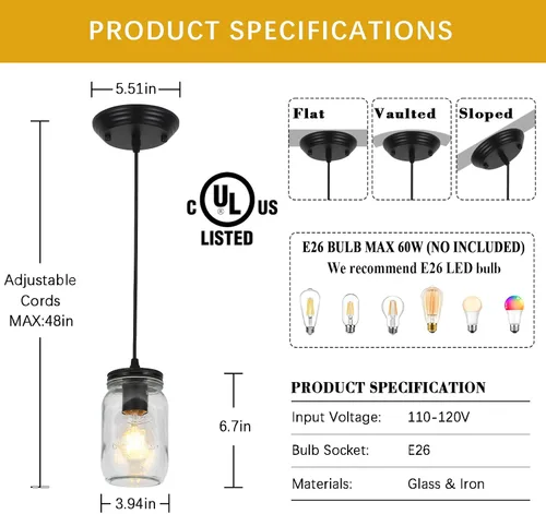 Vista 4 de Luces colgantes de cristal para isla de cocina, 1 luz negra colgante con pantalla de vidrio, lámpara colgante de tarro de masón