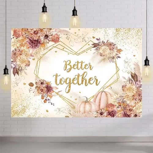 Vista 4 de MEHOFOND Fondo de boda de otoño de 7 x 5 pies, diseño de calabaza, bohemio, floral, para fotografía de boda, corazón, geométrico, puntos dorados