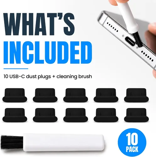 Vista 4 de Tapones antipolvo USB C, paquete de 10 con cepillo de limpieza, cubiertas Negro