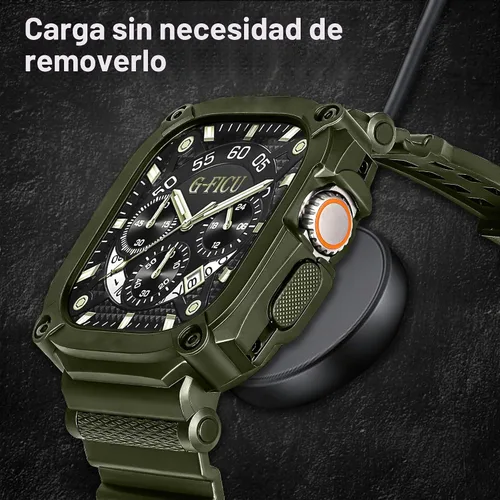 Vista 4 de Correa protectora resistente y funda para Apple Watch Ultra 2 / Ultra Band de 1.929 in, hebilla de doble lengüeta de metal, negro, a prueba