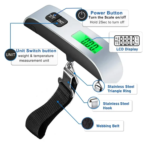 Vista 3 de HalyCares - Báscula de equipaje peso digital portátil para maleta asistente de equipaje de viaje sensor de temperatura 110 libras batería CR2032