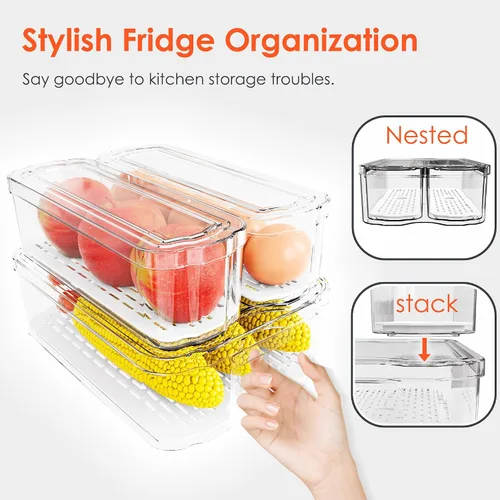 Vista 7 de SMRCAD Organizadores y almacenamiento de refrigerador, soporte automático para huevos y paquete de 6 cubos organizadores de frutas con tapas