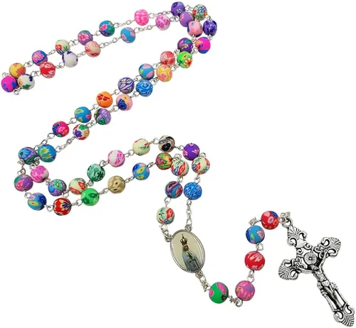 Vista 5 de TALISMAN4U Collar de rosario católico con cuentas de polímero de colores Nuestra Señora de Fátima Jesús Cruz Tierra Santa Regalo, Resina