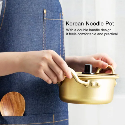 Vista 3 de Olla de fideos ramen de comida coreana, olla de fideos coreanos/olla de aluminio caliente Shin Ramyun de doble mango de aluminio amarillo coreano
