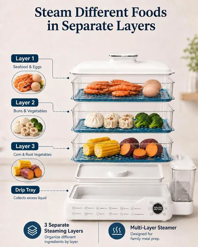 Vista 3 de Vaporizador eléctrico de alimentos de 24 litros, vaporizador digital de 3 niveles con inicio de retraso de 24 horas, mantiene el calor, tanque