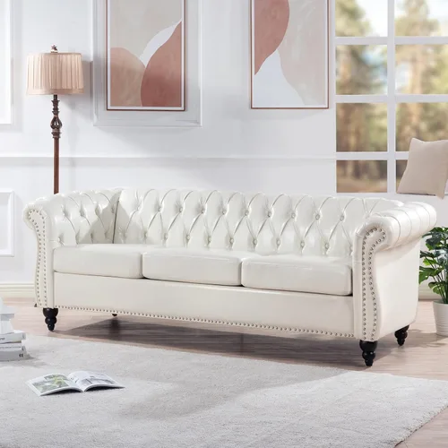 Vista 10 de 84.65" Scroll Arms Chesterfield Sofa PU Leather 3 Seater Couch with Soft Seating Cushions, Modern Style 3-seat Sofa for Living Room Office Apartment