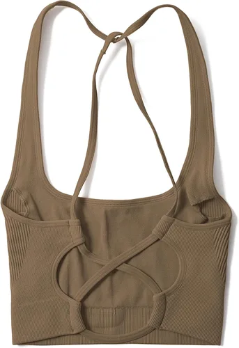 Vista 7 de OMKAGI Conjunto de entrenamiento acanalado para mujer, sin costuras, brasier deportivo con tiras y levantamiento de glúteos