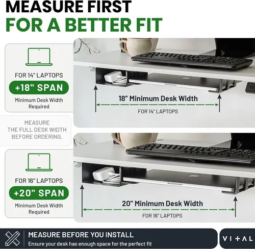 Vista 6 de VI+AL Soporte para laptop debajo del escritorio - Estante oculto de metal con almacenamiento lateral, gancho y organizador de cables - Se instala