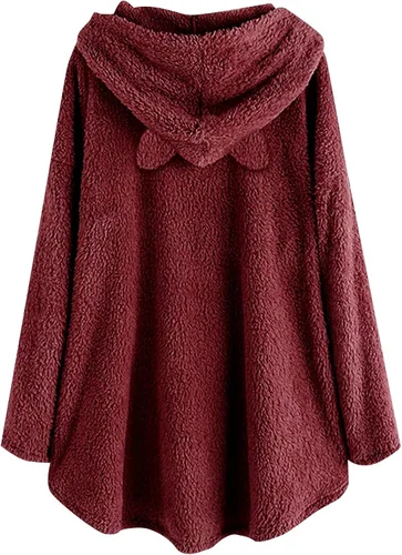 Vista 2 de Sudaderas de gran tamaño para mujer sudaderas con capucha de vellón mullido con orejas de gato sudaderas casuales de sherpa con bolsillos