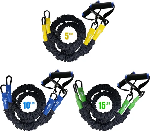 Vista 11 de Valor Fitness Bandas de resistencia – 5 libras a 25 libras – Mosquetones adjuntos y 2 bandas por opción de peso con asas – Funda cubierta