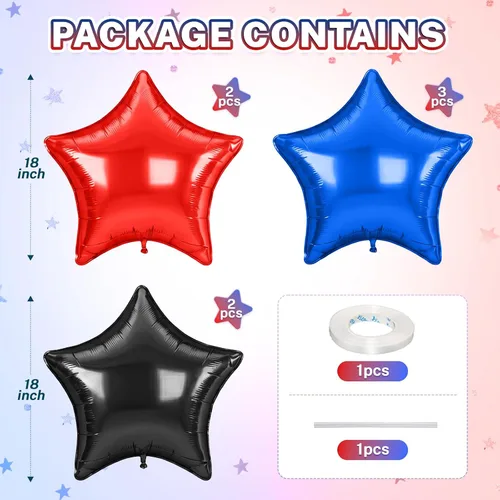Vista 2 de Globos de estrellas rojas, azules y negras, globo de papel de aluminio de 18 pulgadas para helio, paquete de 10 globos rojos y azules, globo de Negro