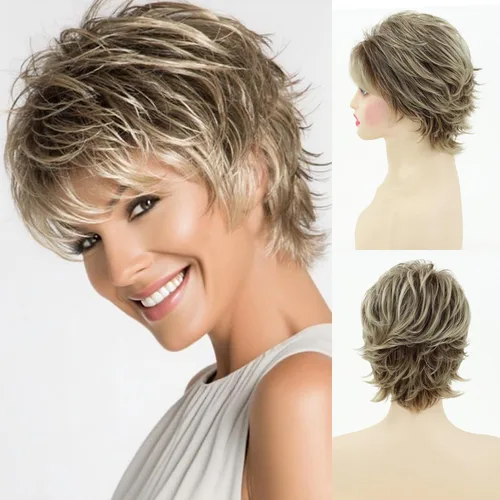Vista 11 de Pelucas cortas gris plateadas para mujeres blancas, pelucas sintéticas con corte pixie natural y a capas con flequillo, peluca corta de pelo gris