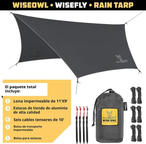 Vista 2 de Wise Owl Outfitters Toldo para Hamaca – Funda de lona impermeable para acampar con estacas de tienda de campaña y bolsa de transporte, refugio