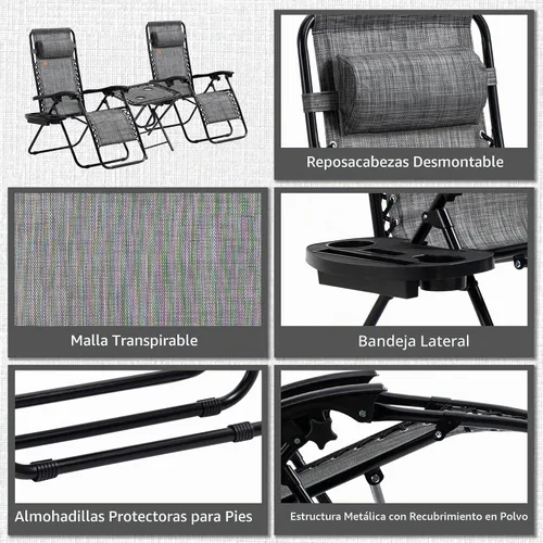 Vista 7 de Outsunny Juego de sillas Zero Gravity con mesa auxiliar, portavasos, gris